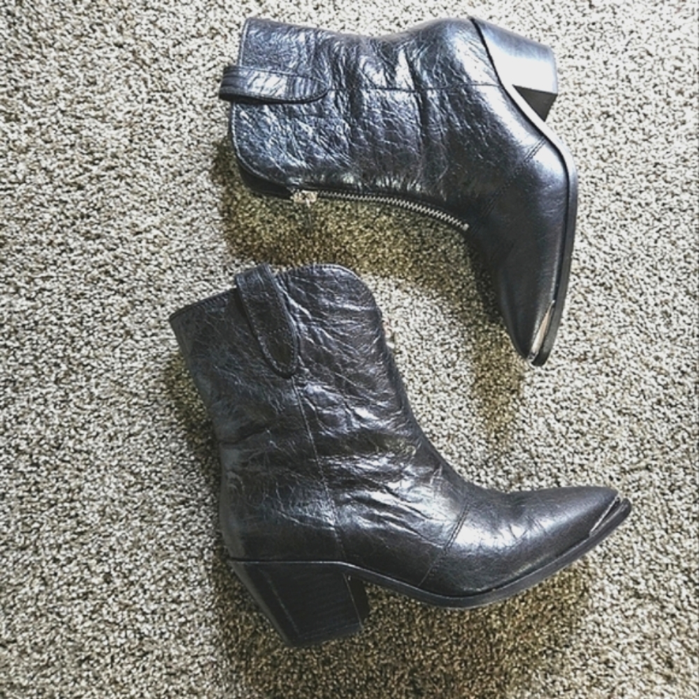 Black Leather Western Ankle Boots